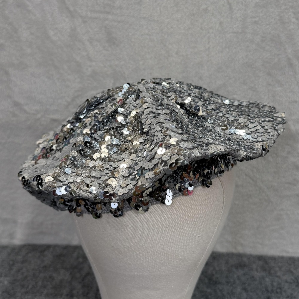 Hat Beret Womens One Size Silver Sequin Lightweight Party Formal Cocktail Dressy